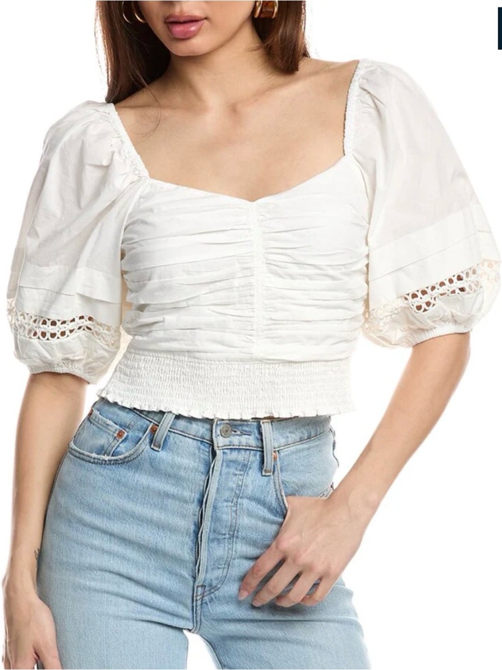 Ramy Brook Zayla White Crop Top Puff Sleeve Smocked Size M NWT